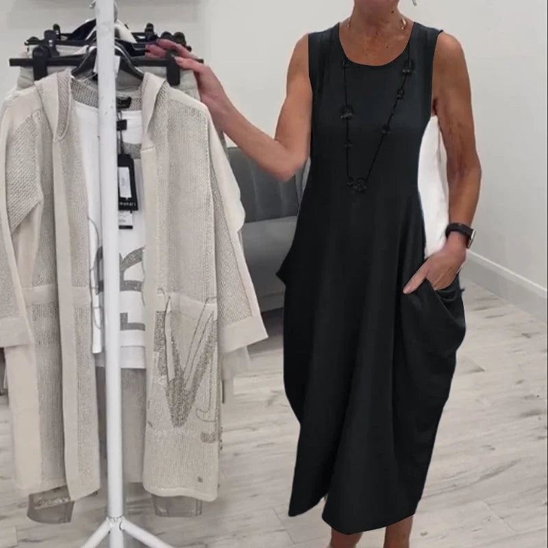 Paprasta suknelė be rankovių su kišenėmis