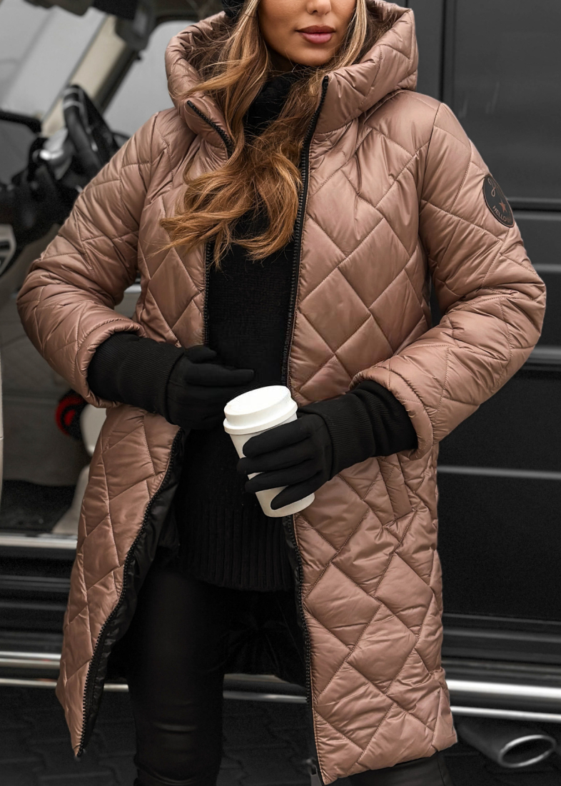 Moteriška madinga dygsniuota ilga striukė su gobtuvu