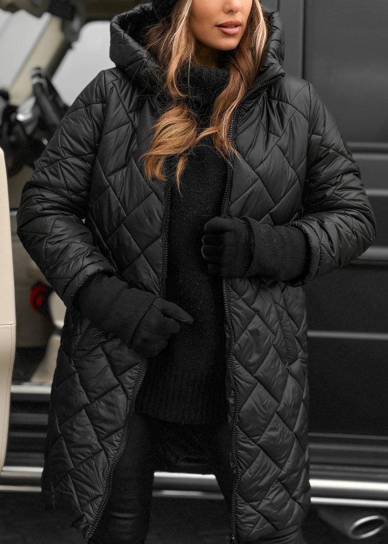 Moteriška madinga dygsniuota ilga striukė su gobtuvu