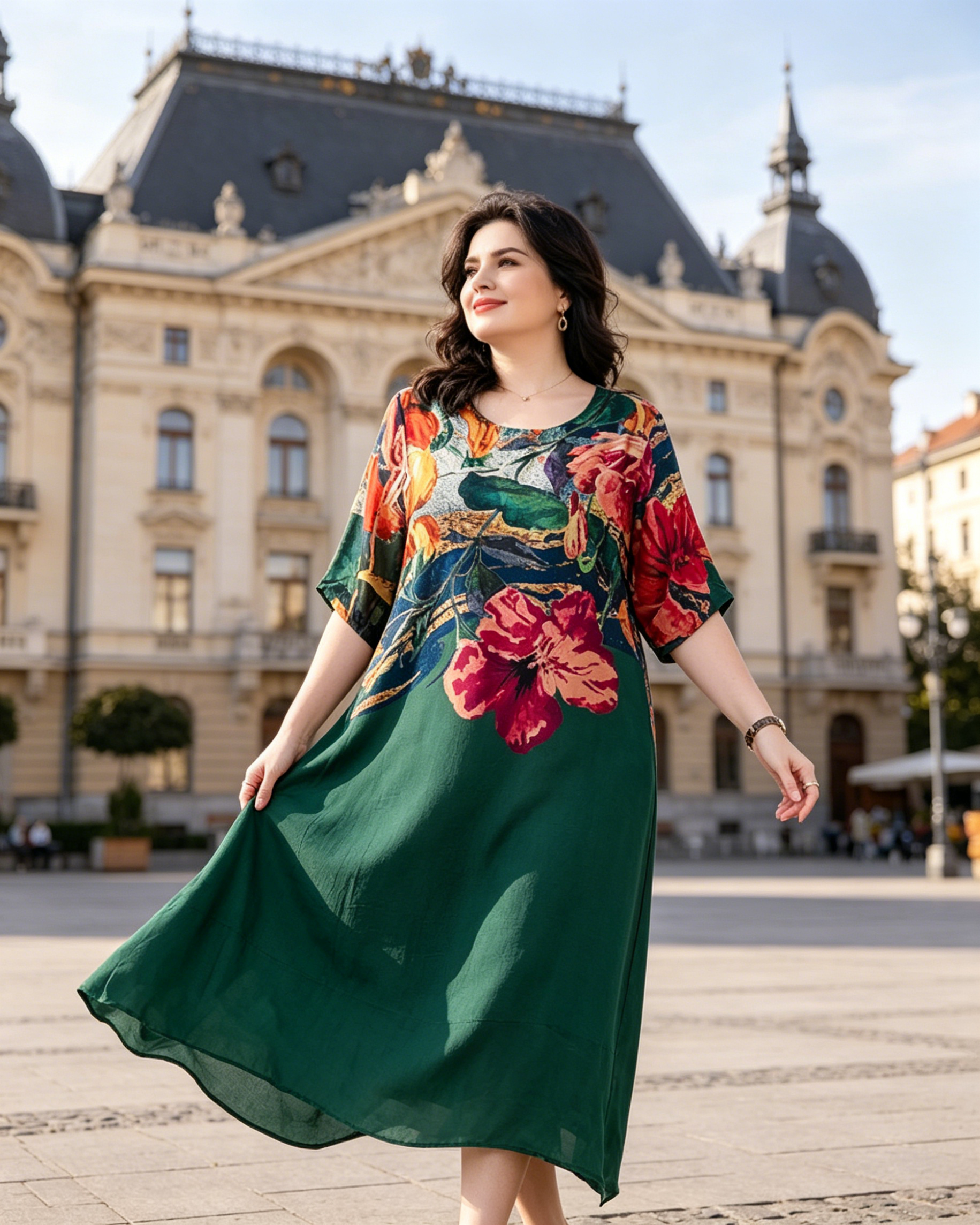 Elegantiška moteriška gėlėta didelių dydžių suknelė
