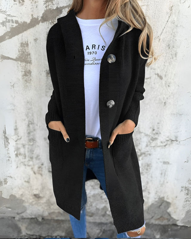 Šiltas megztas ilgas kardiganas su gobtuvu