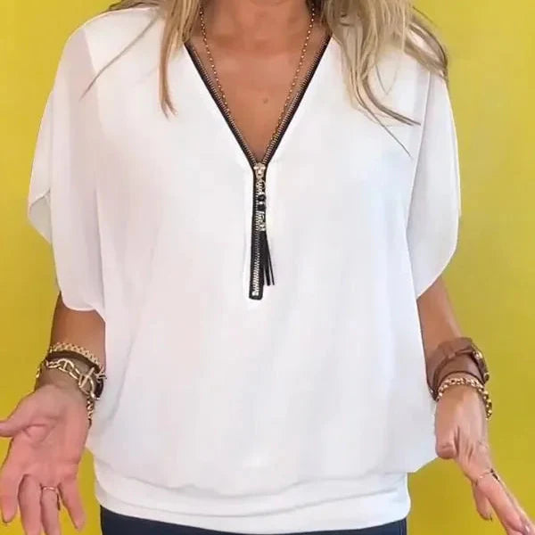 Moteriška šifoninė palaidinė su užtrauktu prie kaklo