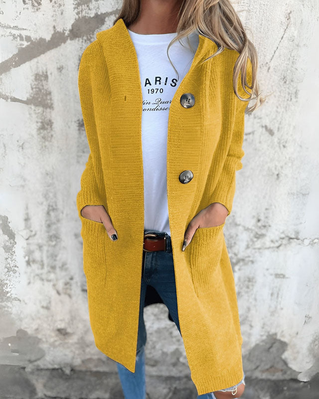 Šiltas megztas ilgas kardiganas su gobtuvu