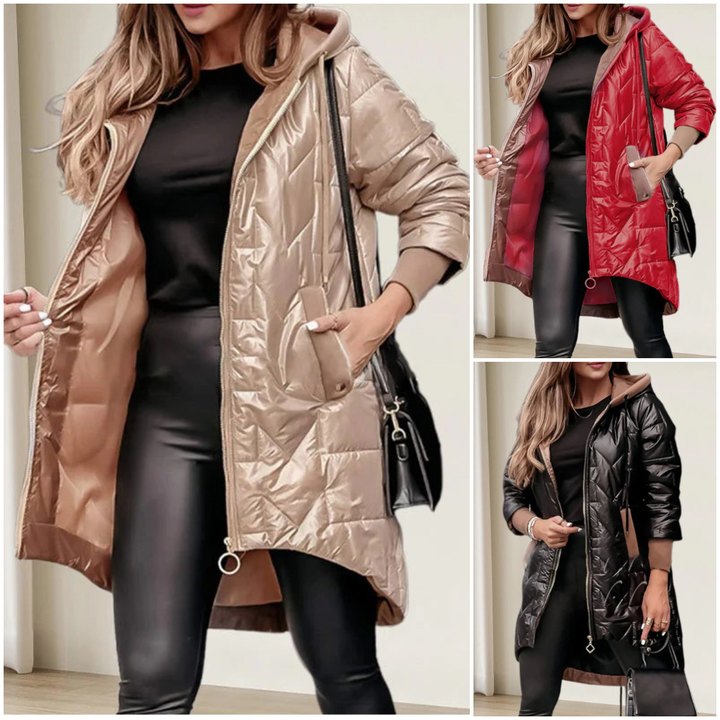 Vienspalvė moteriška ilga striukė su gobtuvu