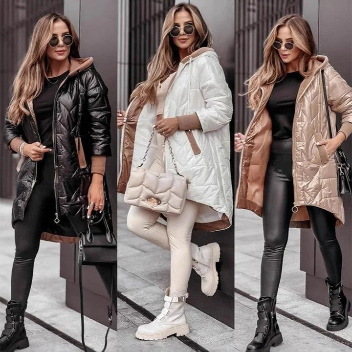 Vienspalvė moteriška ilga striukė su gobtuvu