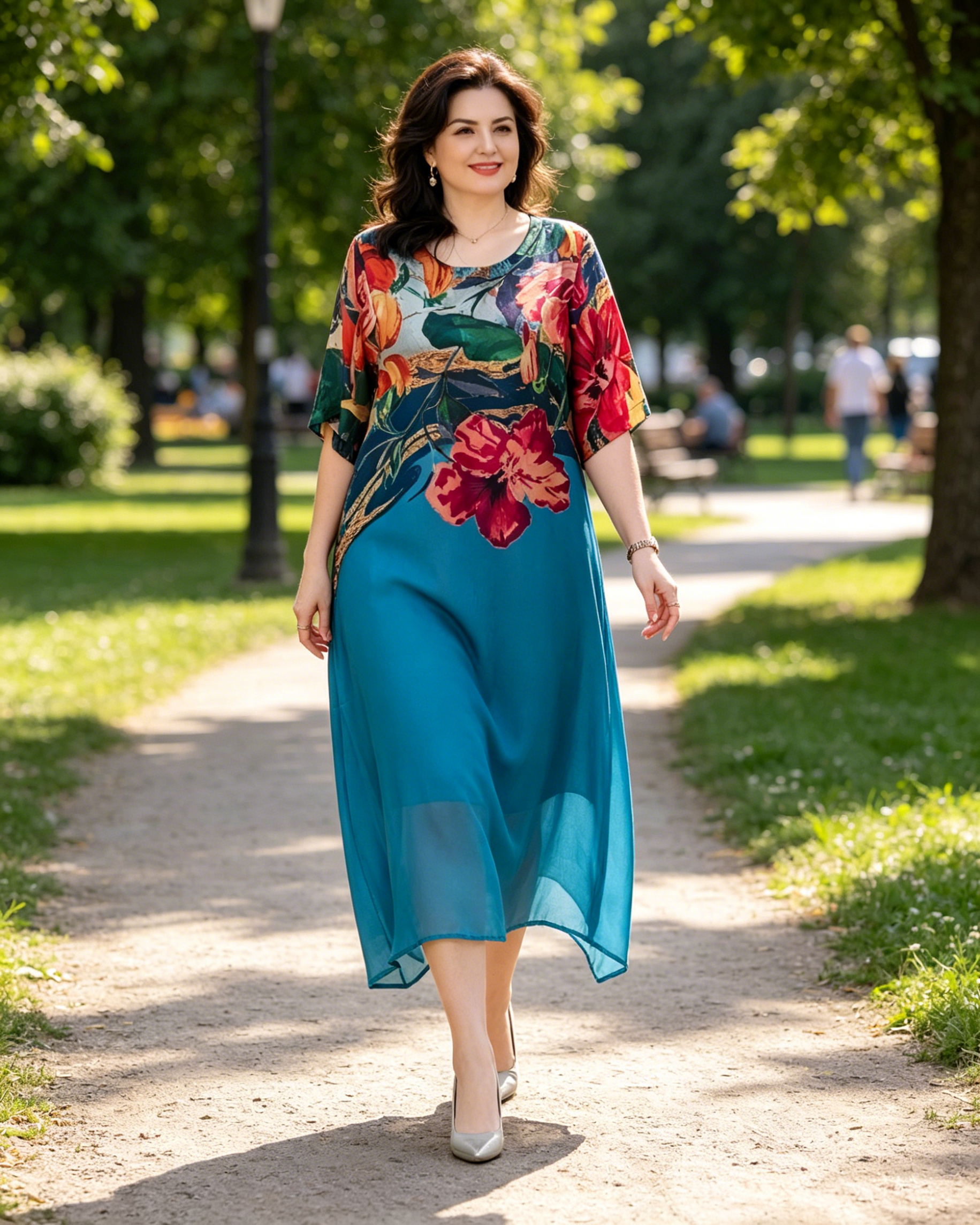 Elegantiška moteriška gėlėta didelių dydžių suknelė
