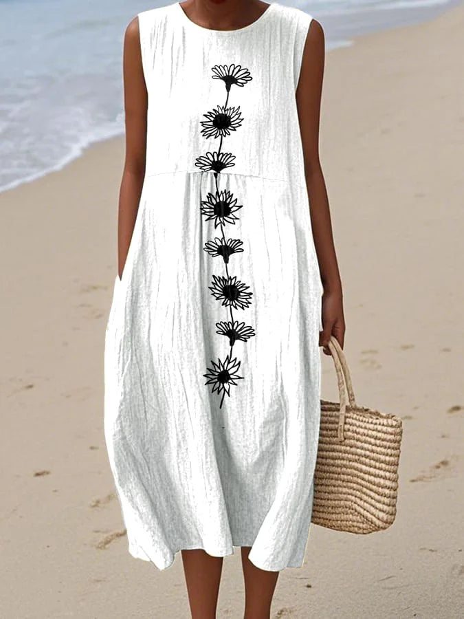 Moteriška suknelė be rankovių apvaliu kaklu ir raštu