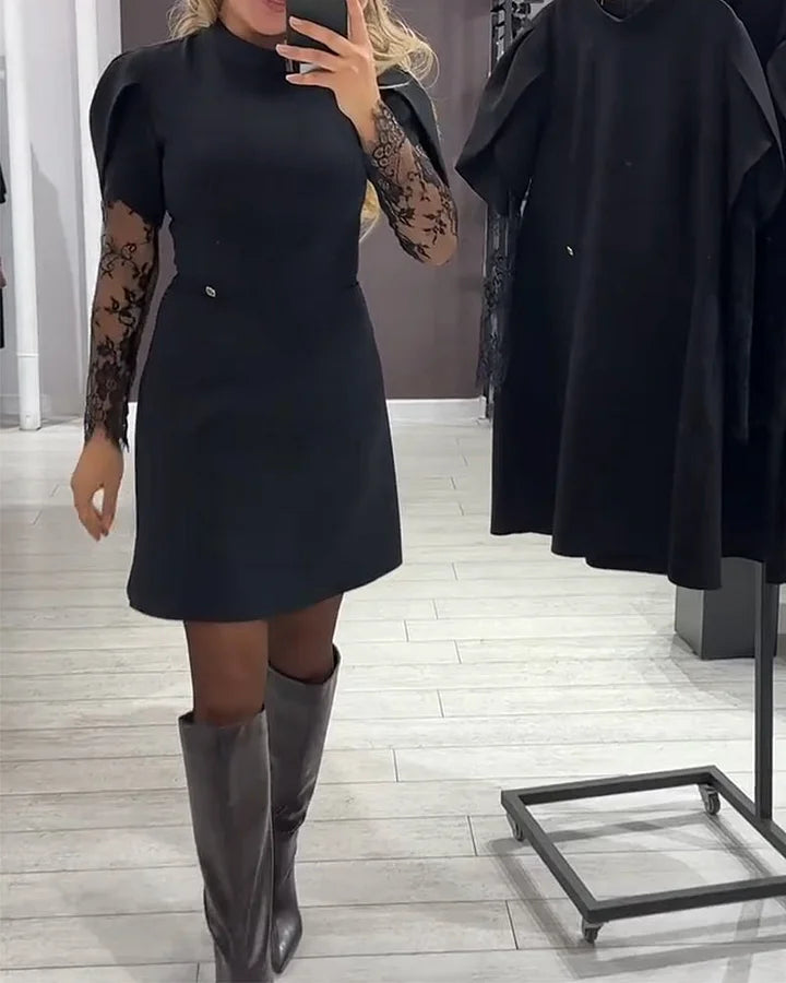 Moteriška elegantiška suknelė su nėriniuotomis rankovėmis