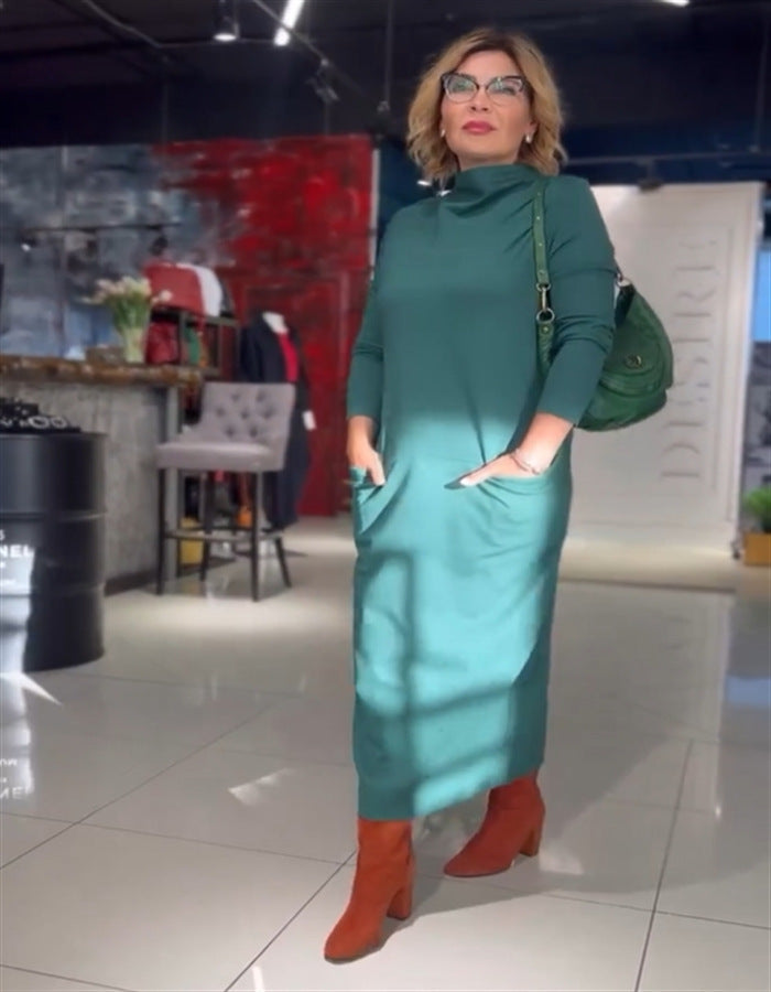 Moteriška suknelė su apykakle ir kišenėmis