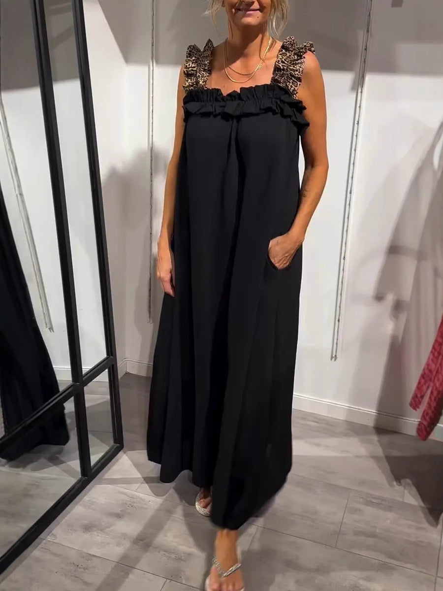 Paprasta moteriška suknelė be rankovių su kišenėmis