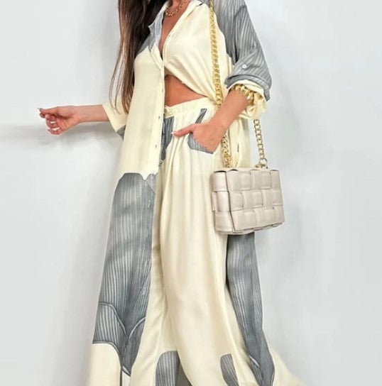 Ilgų marškinių ir kelnių satininis komplektas