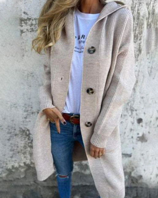 Šiltas megztas ilgas kardiganas su gobtuvu