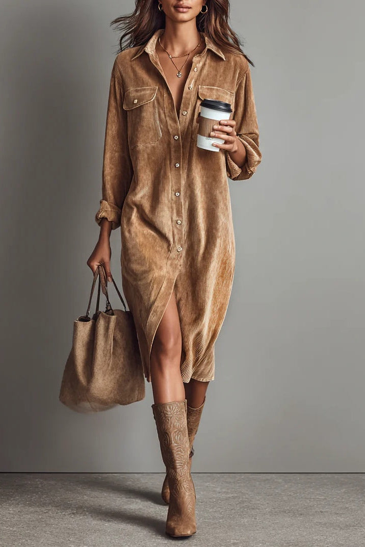 Laisva velveto midi suknelė su dviem kišenėmis krūtinėje