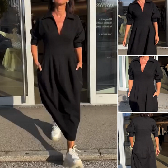 Moteriška vidutinio ilgio suknelė V formos iškirpte