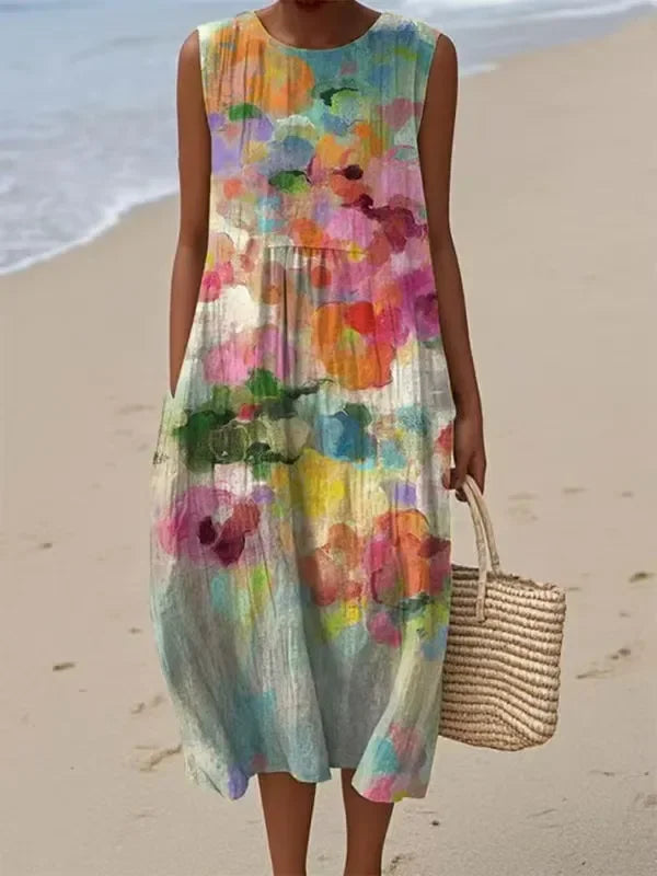 Moteriška vasarinė suknelė be rankovių apvaliu kaklu