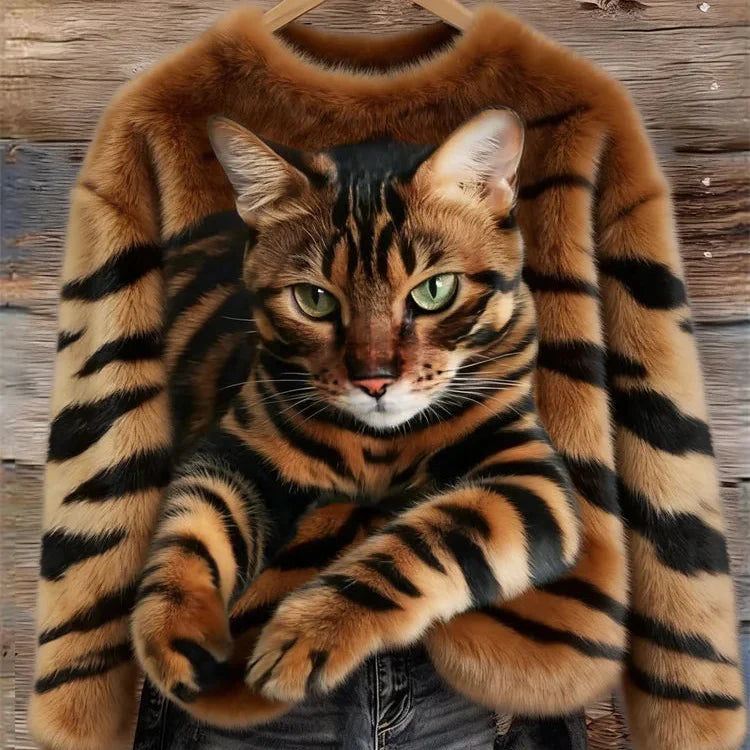 Jaukus pliušinis megztinis su dryžuotos katės ir tigro raštu