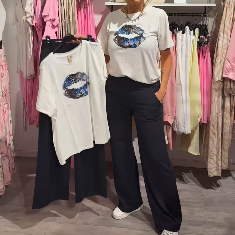 Moteriška marginta palaidinė + laisvalaikio stiliaus tamprios kelnės