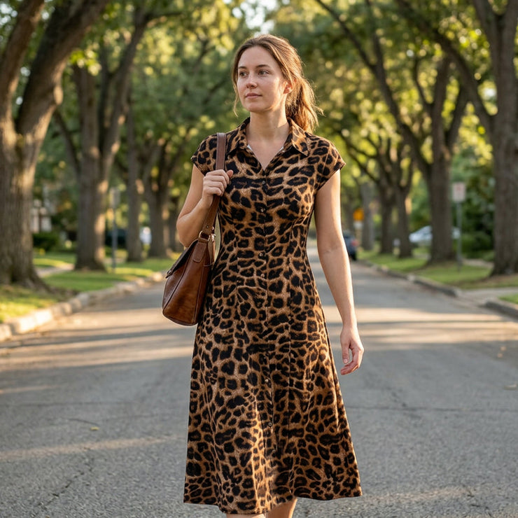 Elegantiška moteriška suknelė su leopardo raštu